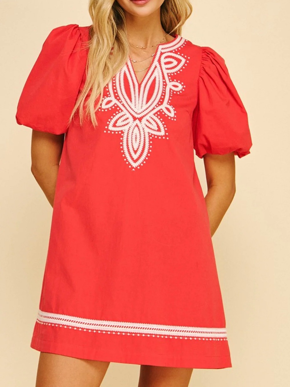 Pinch Red Mini Dress with White Embroidery